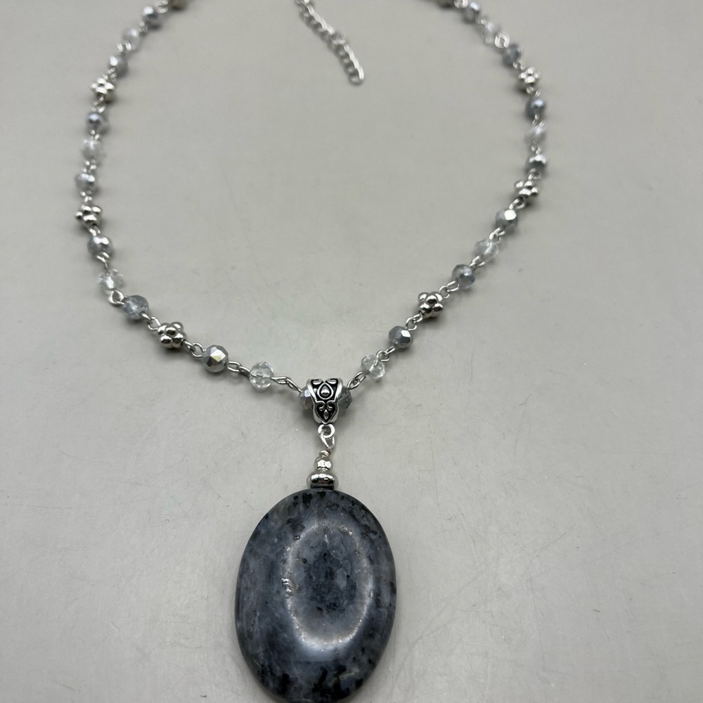 Silver Tone Labradorite Pendant Necklace Crystal Beaded Chain Boho Statement